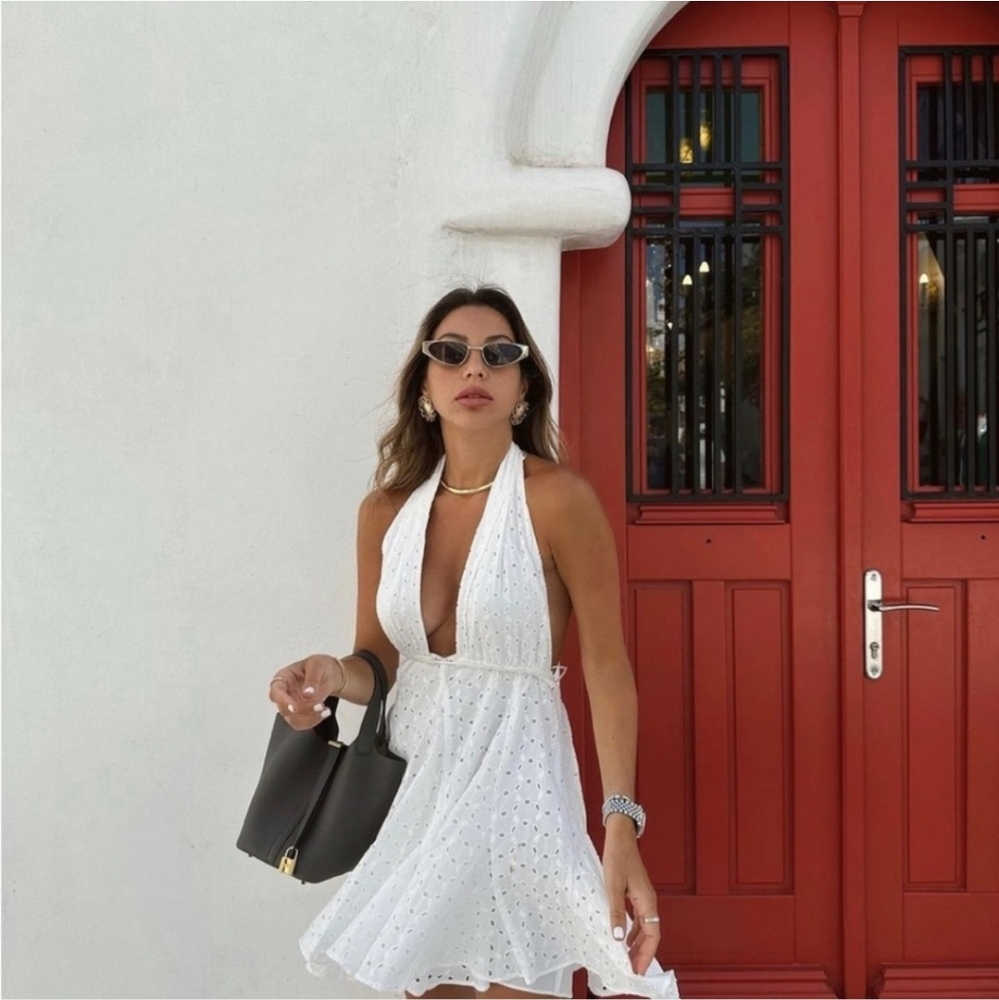 ZARA EMBROIDERED EYELET HALTER DRESS SIZE L XL WHITE - Picture 8 of 12